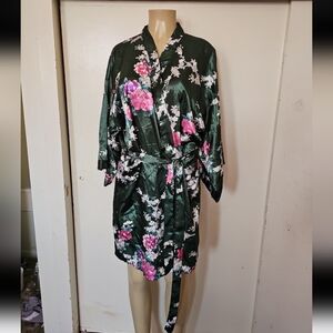 S.L. Fashions Green Floral Satin Robe